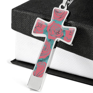 Turquoise With Pink Roses on Faux Marble Cross In Stainless Steel or 18K Gold Finish With Chain Necklace and Gift Box