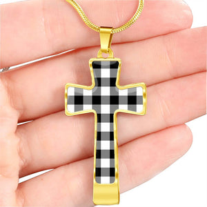 Black and White Buffalo Plaid Christian Cross Necklace With Chain and Gift Box