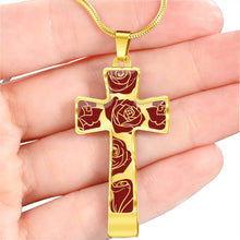 Load image into Gallery viewer, Roses on Cross Pendant In Stainless Steel or 18K Gold Finish With Chain and Gift Box Gift Set
