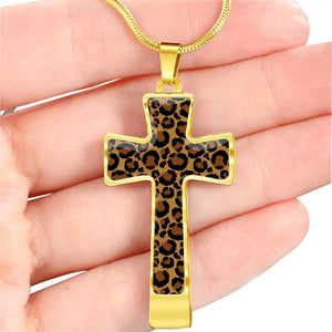 Leopard Print Christian Cross In Stainless Steel or Gold With Chain and Gift Box