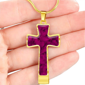 Magenta Faux Marble Cross Pendant Necklace Stainless Steel With Chain and Gift Box