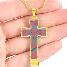 Load image into Gallery viewer, Turquoise With Pink Roses on Faux Marble Cross In Stainless Steel or 18K Gold Finish With Chain Necklace and Gift Box
