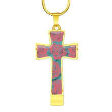 Load image into Gallery viewer, Turquoise With Pink Roses on Faux Marble Cross In Stainless Steel or 18K Gold Finish With Chain Necklace and Gift Box
