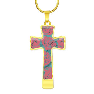 Turquoise With Pink Roses on Faux Marble Cross In Stainless Steel or 18K Gold Finish With Chain Necklace and Gift Box