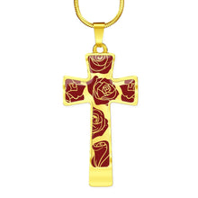 Load image into Gallery viewer, Roses on Cross Pendant In Stainless Steel or 18K Gold Finish With Chain and Gift Box Gift Set
