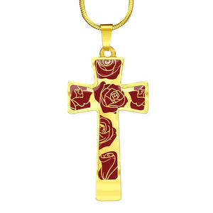 Roses on Cross Pendant In Stainless Steel or 18K Gold Finish With Chain and Gift Box Gift Set