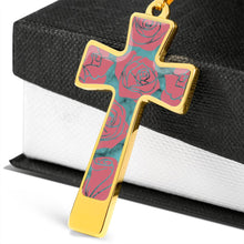 Load image into Gallery viewer, Turquoise With Pink Roses on Faux Marble Cross In Stainless Steel or 18K Gold Finish With Chain Necklace and Gift Box
