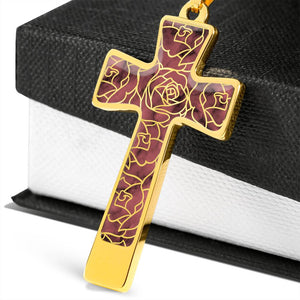 Rose Faux Marble With Roses Stainless Steel Cross Jewelry Pendant Necklace With Chain and Gift Box