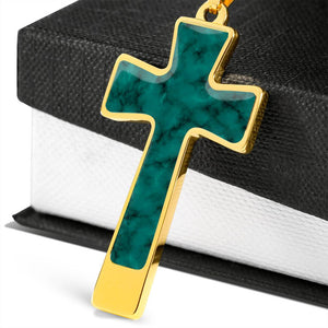 Teal Cross Necklace Faux Marble Pendant Stainless Steel Necklace With Chain and Gift Box