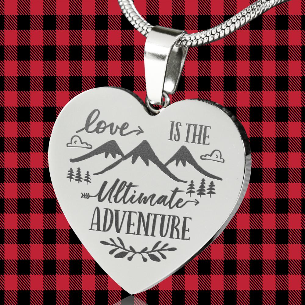 Love Is The Ultimate Adventure Heart Shaped Stainless Steel Engraved Necklace Chain and Gift Box Valentine's Day Anniversary Gift