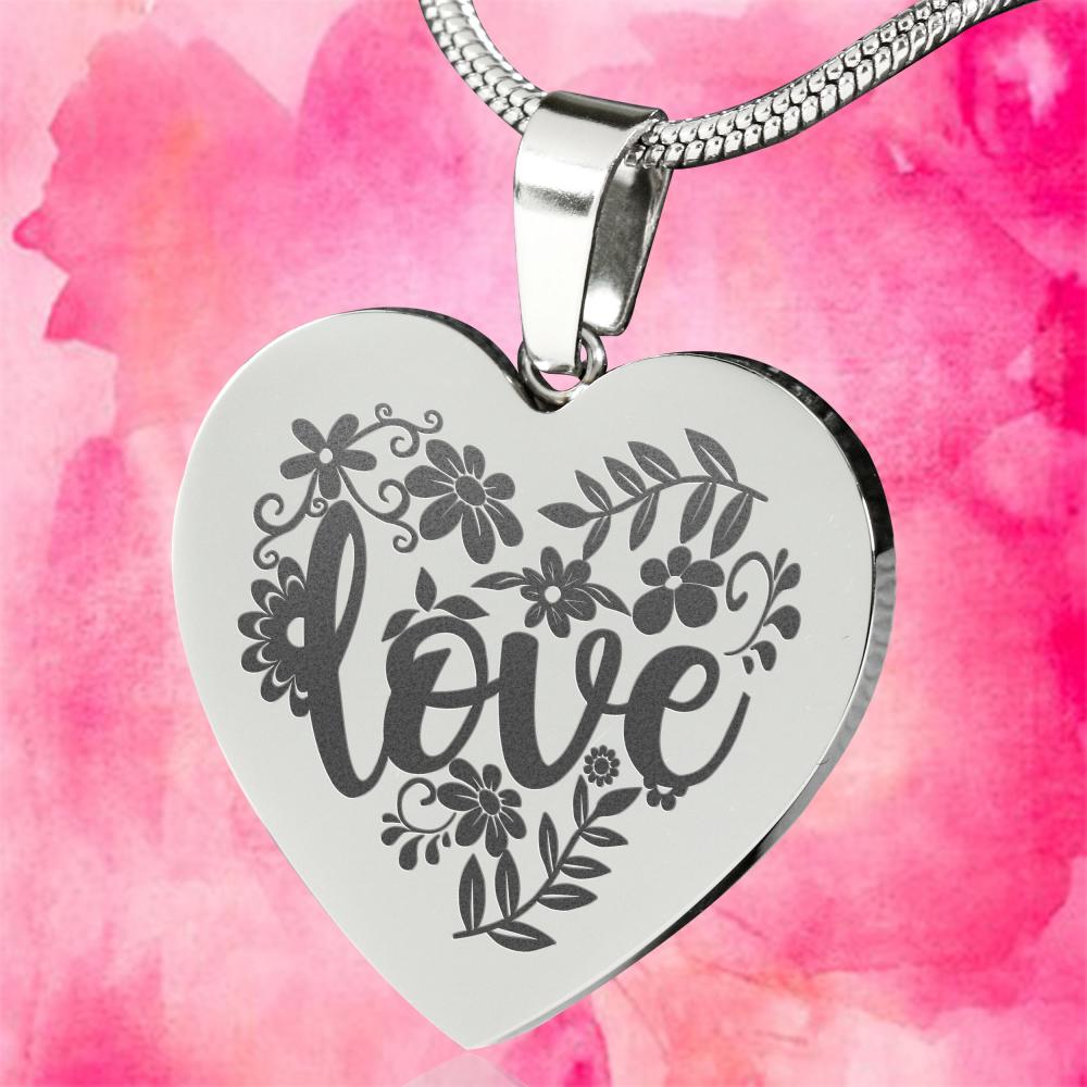 Love Floral Design Engraved Heart Shaped Pendant Stainless Steel Valentine's Day Gift With Chain and Gift Box