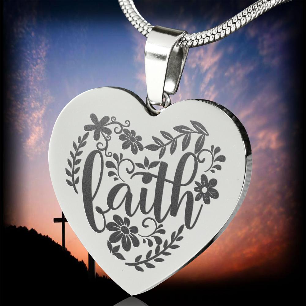 Faith Floral Engraved Heart Pendant Stainless Steel With Chain and Gift Box