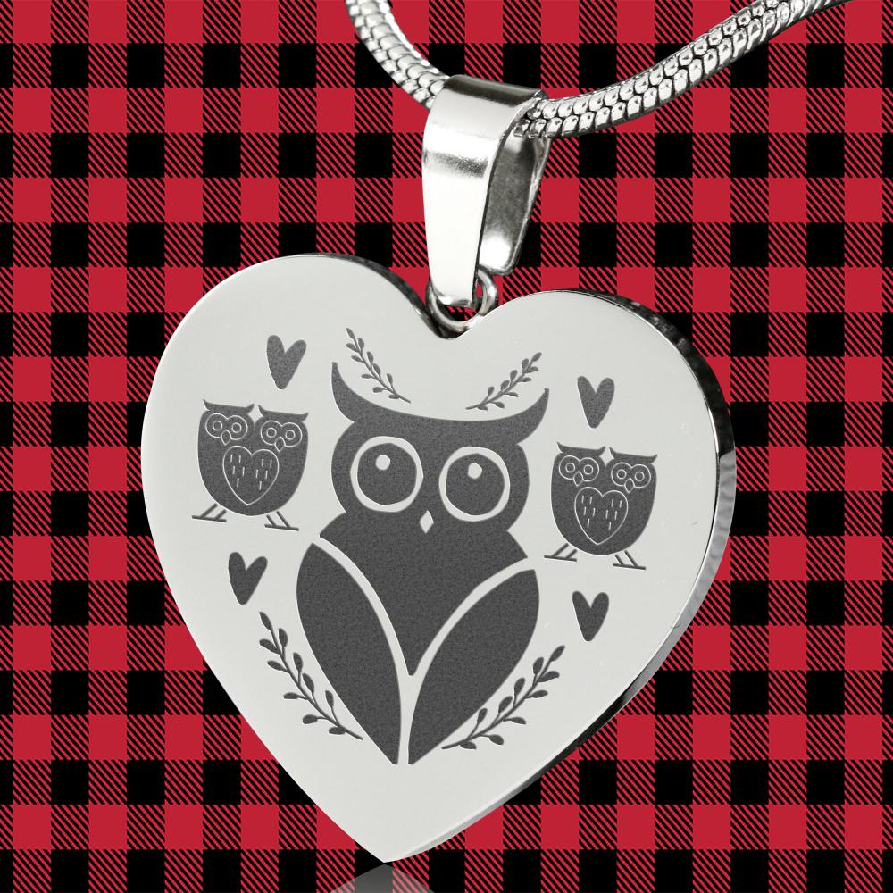 Owl Heart Pendant Necklace Engraved On Stainless Steel With Chain and Gift Box Valentine's Day Anniversary Jewelry
