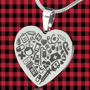 Nurse Medical Pattern Engraved Heart Pendant Stainless Steel With Necklace and Gift Box