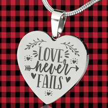 Load image into Gallery viewer, Love Never Fails Heart Shaped Pendant Necklace Engraved Surgical Stainless Steel With Chain and Gift Box
