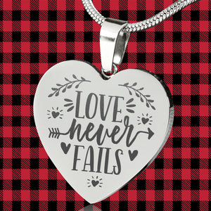 Love Never Fails Heart Shaped Pendant Necklace Engraved Surgical Stainless Steel With Chain and Gift Box