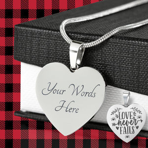 Love Never Fails Heart Shaped Pendant Necklace Engraved Surgical Stainless Steel With Chain and Gift Box