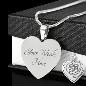 Engraved Rose Heart Shaped Pendant Stainless Steel With Chain and Gift Box