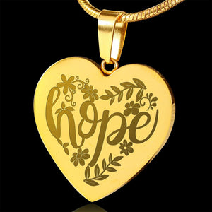 Hope Lettering and Flower Design 18K Gold Engraved Heart Pendant Stainless Steel Necklace With Chain and Gift Box Religious Gift Christian