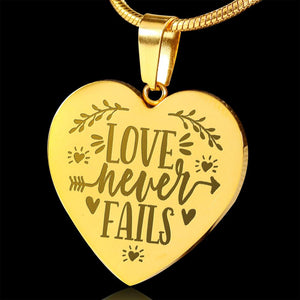 Love Never Fails 18K Gold Heart Shaped Pendant Necklace Engraved With Chain and Gift Box Anniversary Valentine's Day