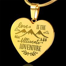 Load image into Gallery viewer, Love Is The Ultimate Adventure Outdoors Themed Heart Shaped 18K Gold Engraved Necklace Chain and Gift Box Valentine&#39;s Day Anniversary
