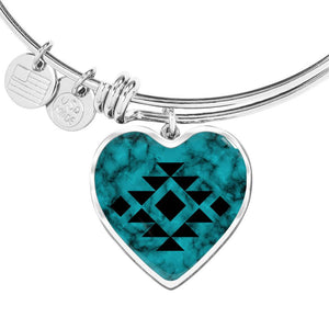 Tribal Design Jewelry on Turquoise Faux Stone Stainless Steel Heart Shaped Pendant Necklace With Chain and Gift Box