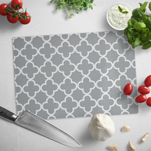 Load image into Gallery viewer, Gray and White Quatrefoil Tempered Glass Cutting Board
