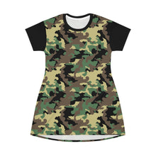 Load image into Gallery viewer, Camo Print T-Shirt Dress Tunic Length With Contrast Sleeves Green, Brown and Black Camouflage
