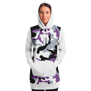 White and Purple Camouflage Longline Hoodie Dress With Solid White Sleeves, Pocket and Hood