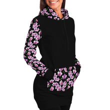 Load image into Gallery viewer, Black Longline Hoodie Dress With Pink Orchid Flower Pattern Sleeves, Pocket and Hood
