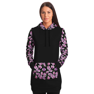Black Longline Hoodie Dress With Pink Orchid Flower Pattern Sleeves, Pocket and Hood