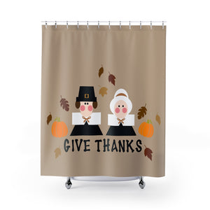 Give Thanks Pilgrim Design Thanksgiving Shower Curtain On Light Brown Background