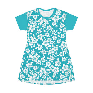 Teal and White Hibiscus Pattern T-Shirt Dress
