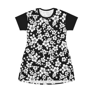 Black and White Hibiscus Flower Hawaiian Print T-Shirt Dress