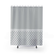 Load image into Gallery viewer, Light Gray and White Quatrefoil Color Block Contrast Shower Curtain
