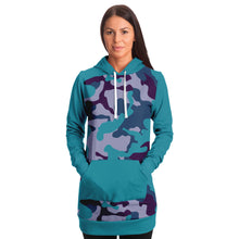 Load image into Gallery viewer, Teal and Purple Camouflage Longline Hoodie Dress With Teal Contrast Sleeves, Pocket and Hood

