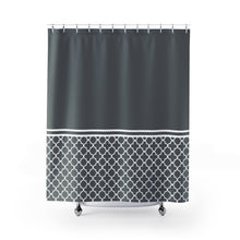 Load image into Gallery viewer, Dark Gray and White Quatrefoil Color Block Contrast Shower Curtain
