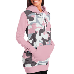 Pastel Pink Camouflage Longline Hoodie Dress With Solid Pink Sleeves, Pocket and Hood