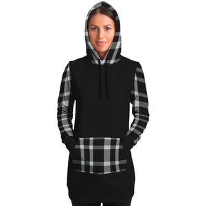 Black Longline Hoodie Dress With Black and White Plaid Contrast Sleeves, Pocket and Hood