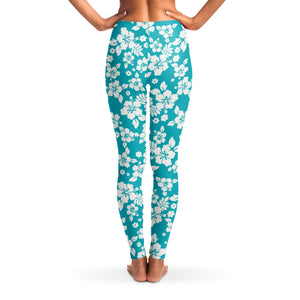 Teal and White Hibiscus Flower Hawaiian Pattern Leggings XS - XL