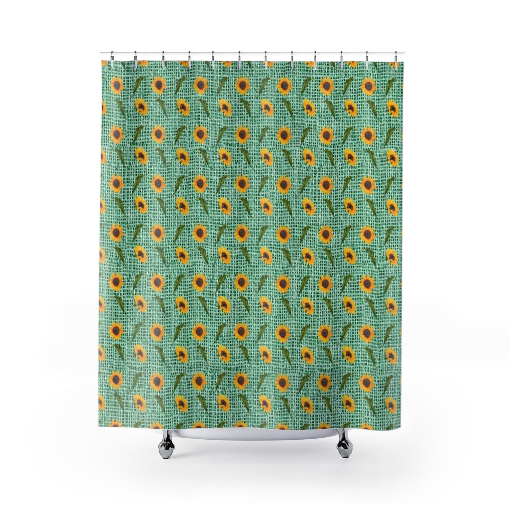 Green Burlap Design With Sunflower Pattern Bathroom Shower Curtain