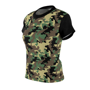 Camo Pattern Women's Tee Green, Brown and Black Camouflage With Contrast Sleeves