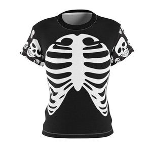 Skeleton Ribs on Black Women's T-Shirt With Skull Sleeves