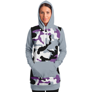 Gray and Purple Camouflage Longline Hoodie Dress With Solid Gray Sleeves, Pocket and Hood
