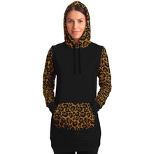 Load image into Gallery viewer, Black Longline Hoodie Dress With Leopard Print Contrast Sleeves, Pocket and Hood
