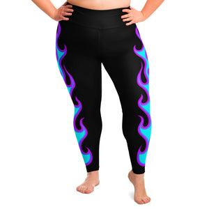 Flames In Purple, Teal and Blue on Black Plus Size Leggings 2X - 6X Squat Proof Soft