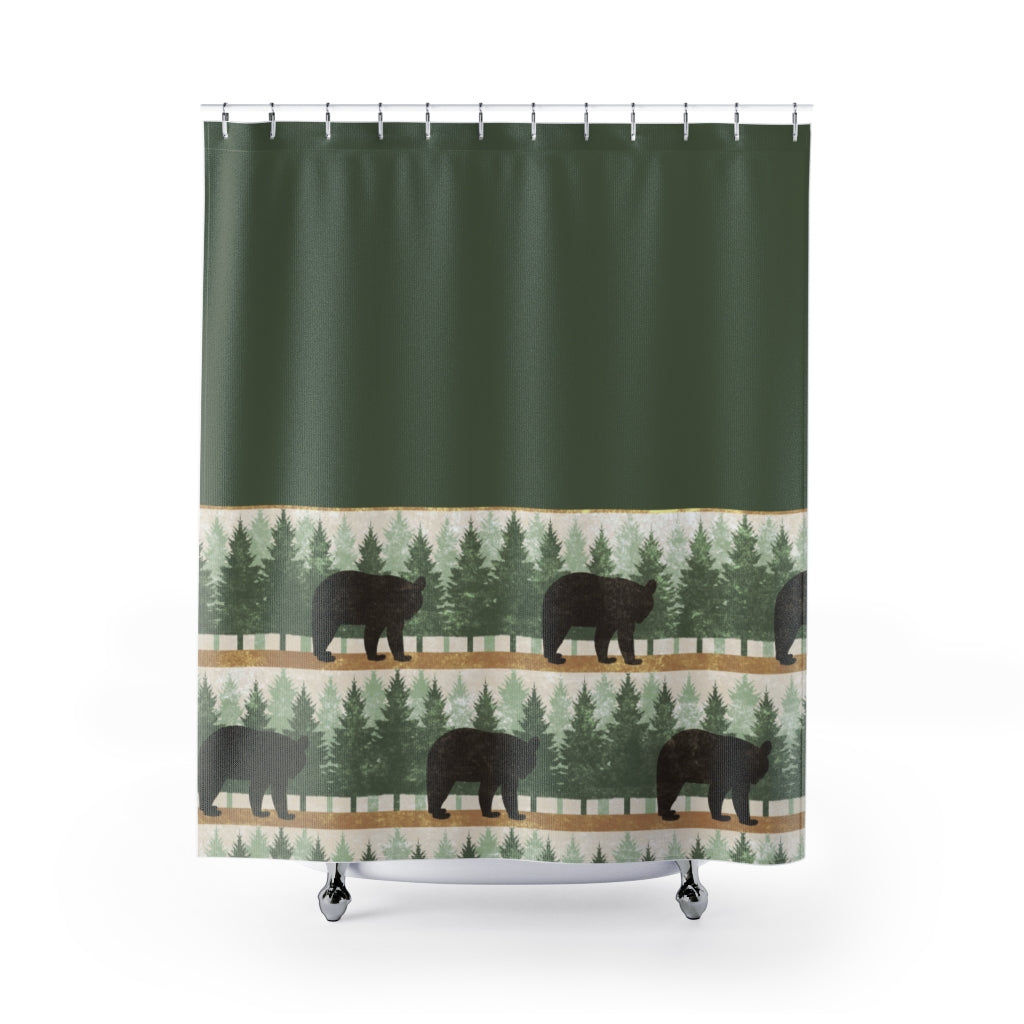 Green With Bears and Pine Trees Contrast Shower Curtain