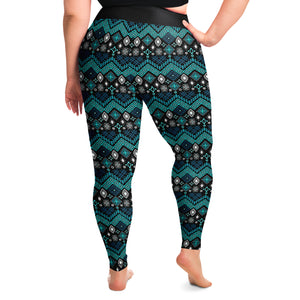 Teal Blue Ethnic Pattern Plus Size Leggings 2x-6x Squatproof