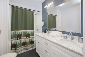 Green With Bears and Pine Trees Contrast Shower Curtain