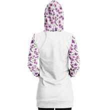 Load image into Gallery viewer, White Longline Hoodie Dress With Pink Orchid Flower Pattern Sleeves, Hood and Pocket
